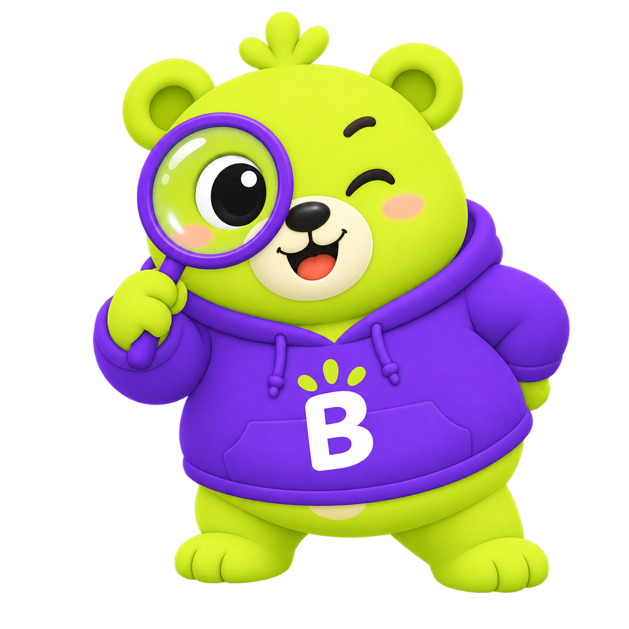 Bubba the mascot searching with a magnifying glass